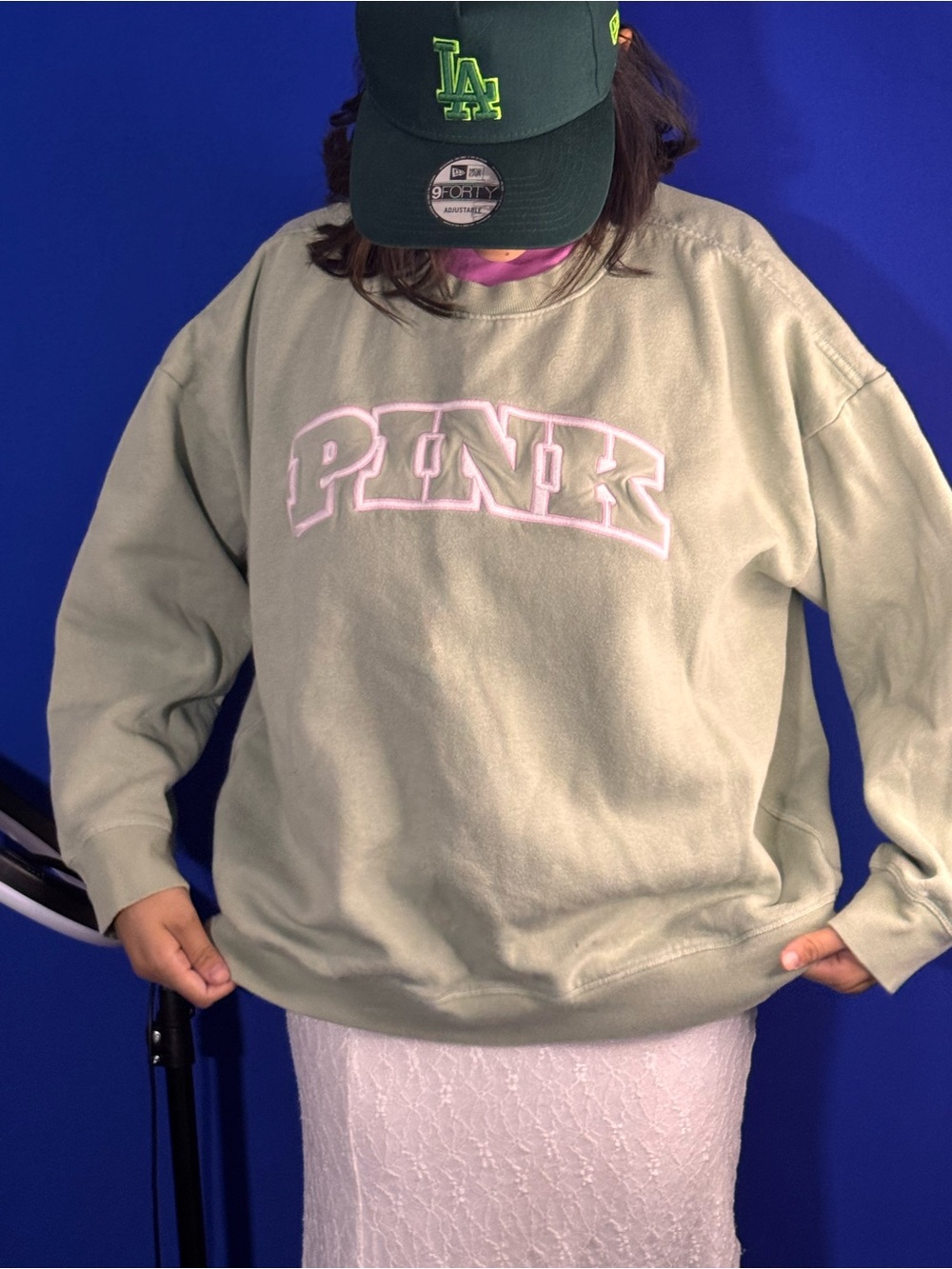 PINK Victoria's Secret Sage Green Crewneck Sweatshirt with Pink Logo